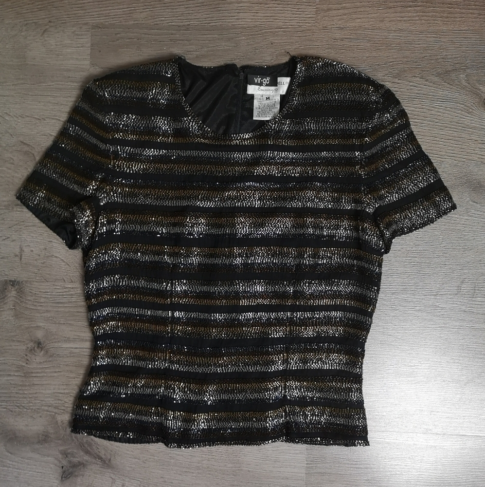 Vintage Black Striped Copper Bronze Silver Beaded Metallic Top